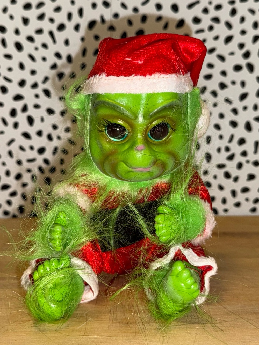 Festive Green Plush Character Doll in Red Santa Outfit